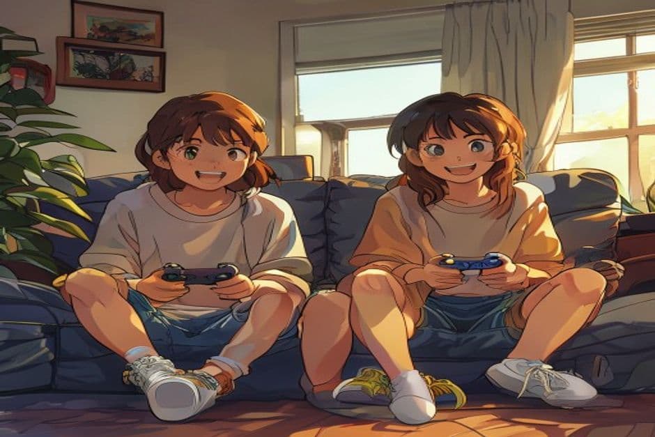Two friends playing games together with controllers